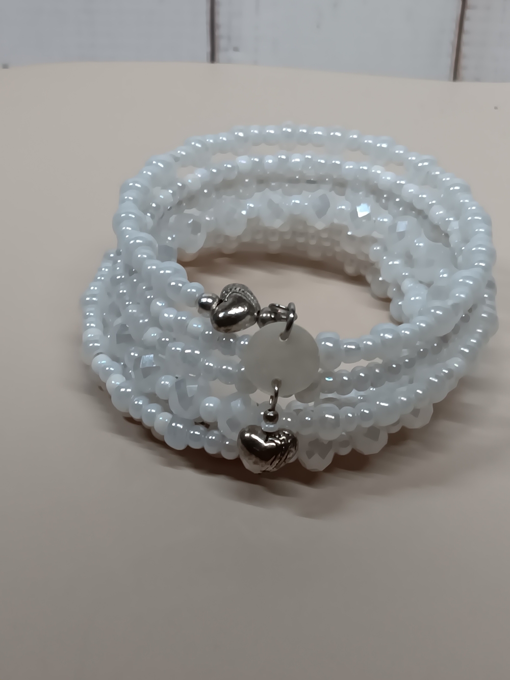 Memory Wire White Faceted Beaded Wrap Bracelet with Silver Heart Charm